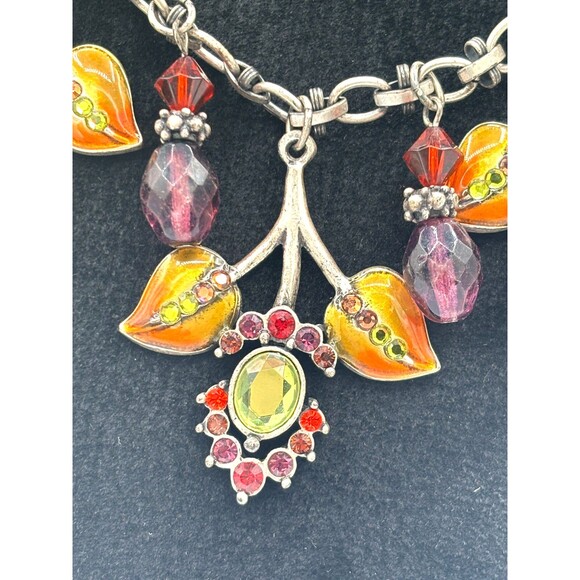 Chicos‎ Floral Rhinestone Statement Necklace 17" Extender Enamel Leaf Silvertone - Picture 2 of 15